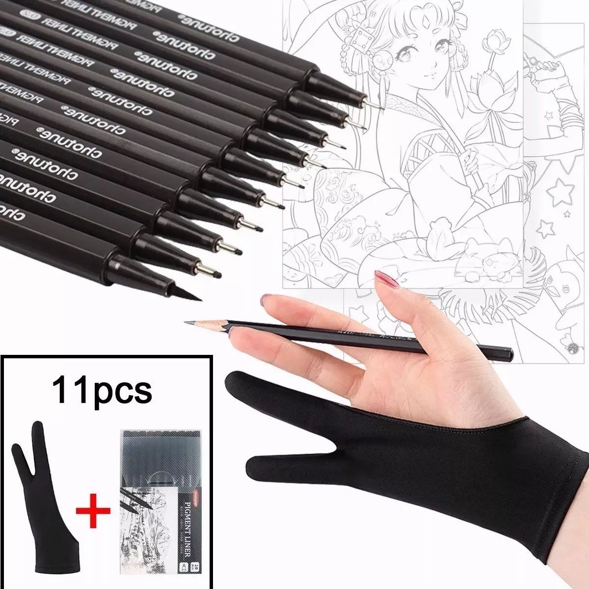 EDWINAYY - Set De Lapices Tiralineas 10 Piezas+guante 2 Dedos Dibujo