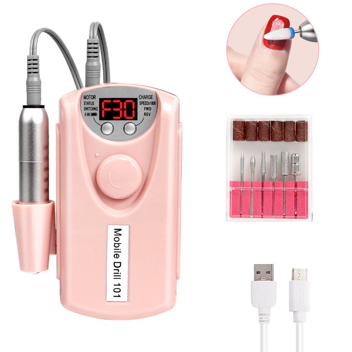 GENERICO - Torno Manicura Inalambrico 30000 Rpm Con 6 Tipos Cabezales