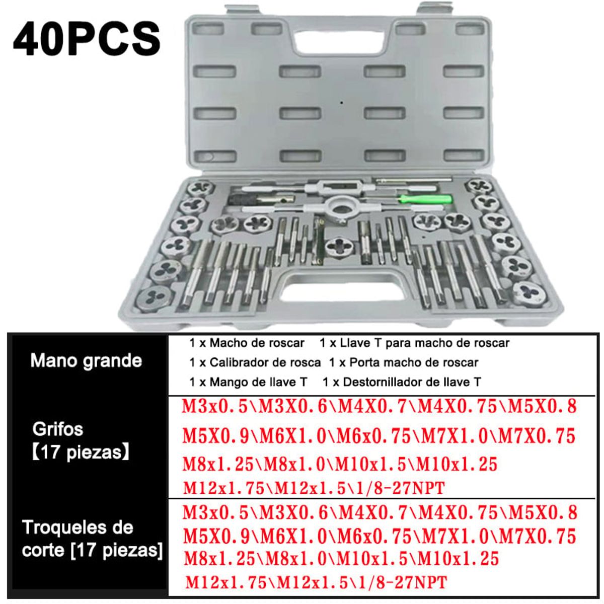 BITART - Set De Machuelos Y Terraja Métrico De Acero M3-m12 40pzs