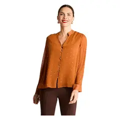 LORENZO DI PONTTI - Blusa Manga Larga Escote Mao Tela Fantasia Terracota