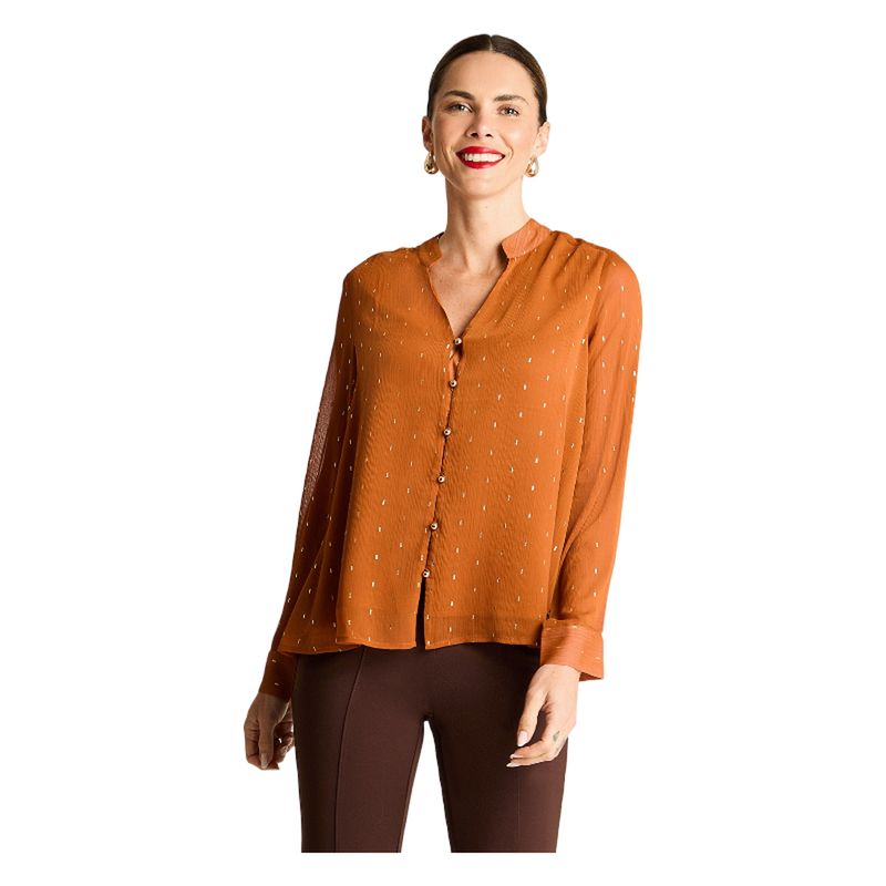 LORENZO DI PONTTI - Blusa Manga Larga Escote Mao Tela Fantasia Terracota
