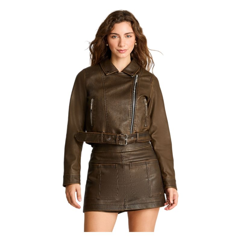 ACUARELA - Chaqueta Biker Manga Larga Ecocuero Desgastada Café