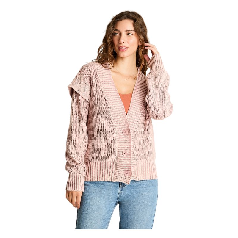 ACUARELA - Cardigan Manga Larga Acid Wash Tachas Rosado