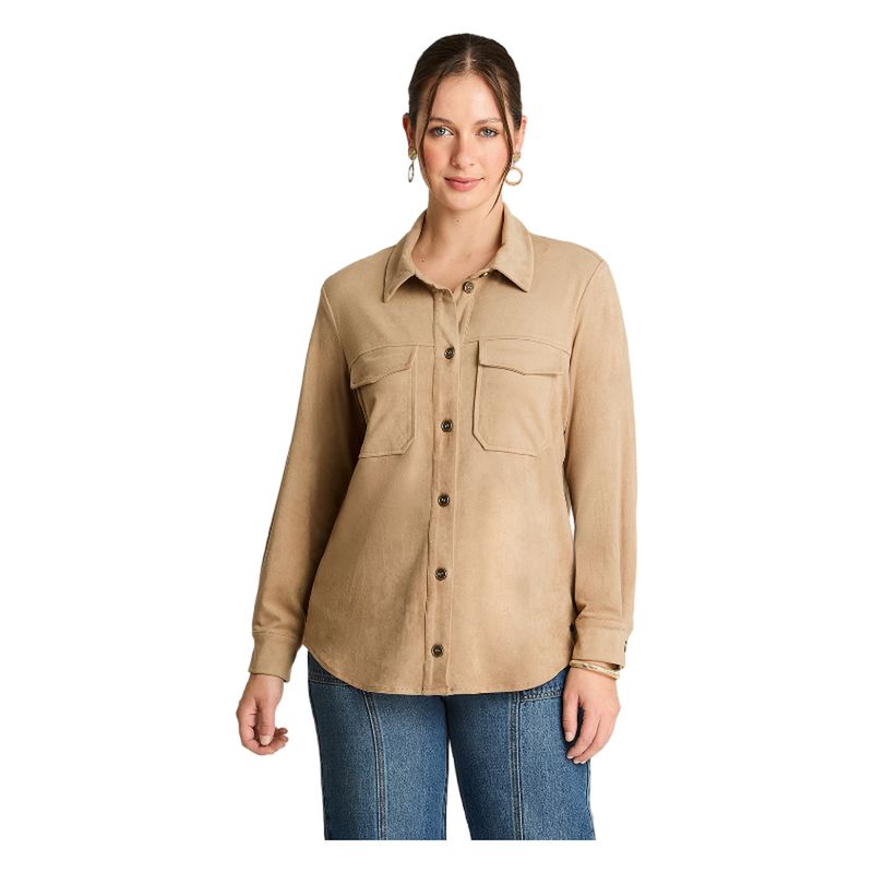 CURVI - Chaqueta Sobrecamisa Suede Manga Larga Bolsillos Camel