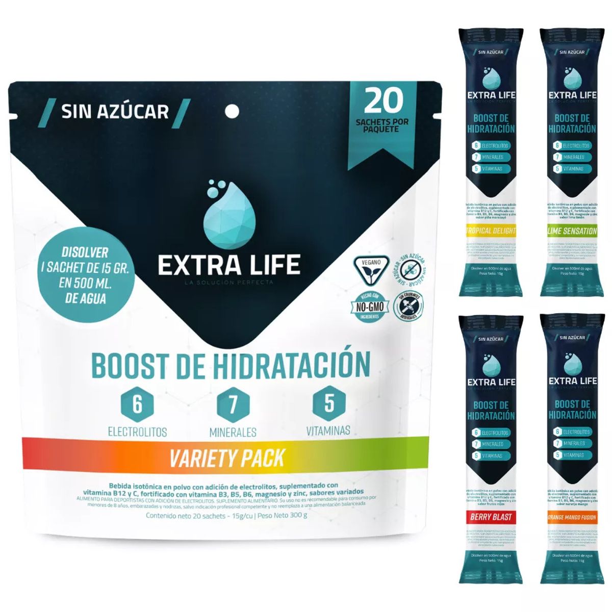 EXTRALUZ - Bebida Hidratante en Polvo 20 Sachet Extra Life Mix Sabores