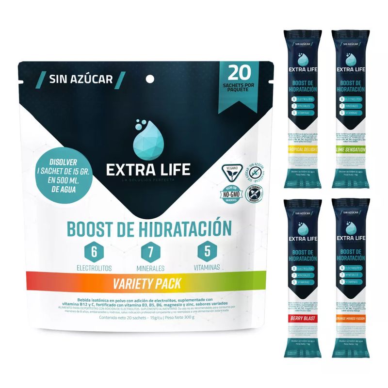 EXTRALUZ - Bebida Hidratante en Polvo 20 Sachet Extra Life Mix Sabores