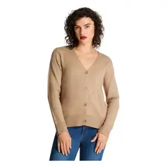 CURVI - Cardigan Manga Larga Cuello V Básico Camel
