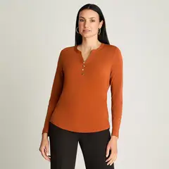 LORENZO DI PONTTI - Polera Manga Larga Escote Mao Con Botones Terracota