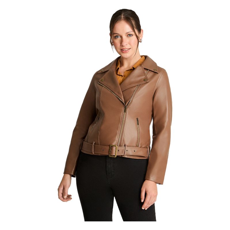 CURVI - Chaqueta Biker Manga Larga Ecocuero Con Cinturón Café