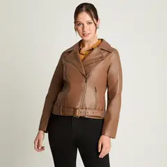 CURVI - Chaqueta Biker Manga Larga Ecocuero Con Cinturón Café