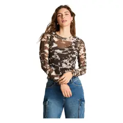 ACUARELA - Polera Manga Larga Mesh Estampada Café