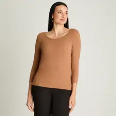 LORENZO DI PONTTI - Polera Manga 3/4 Con Botones En Hombro Camel