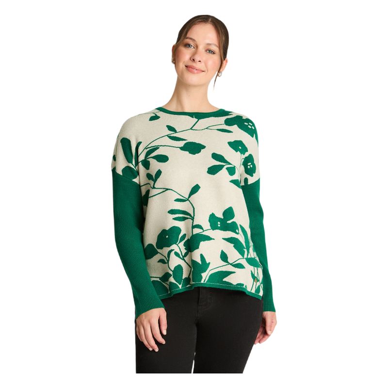 CURVI - Tejido Jacquard Manga Larga Cuello Redondo Verde