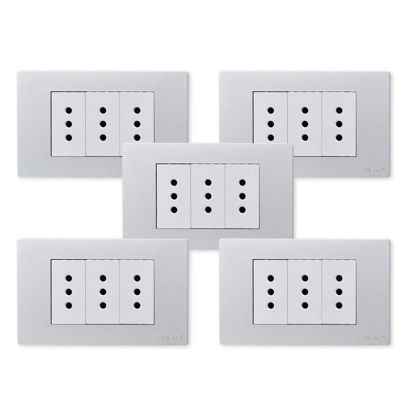 WANT - Pack 5 Tomacorriente Triple Metálico 10A - Gris Blanco