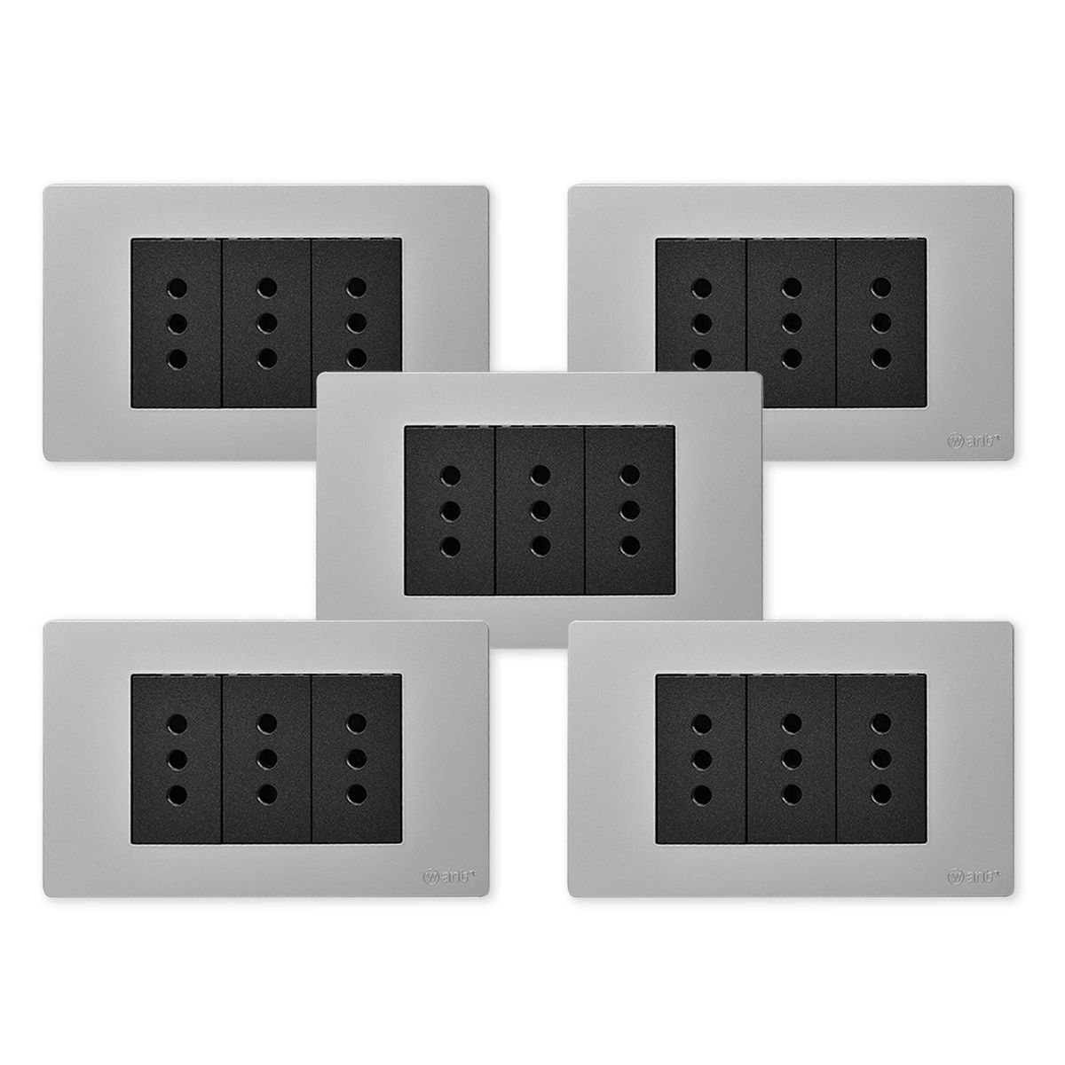 WANT - Pack 5 Tomacorriente Triple Metálico 10A - Gris Negro