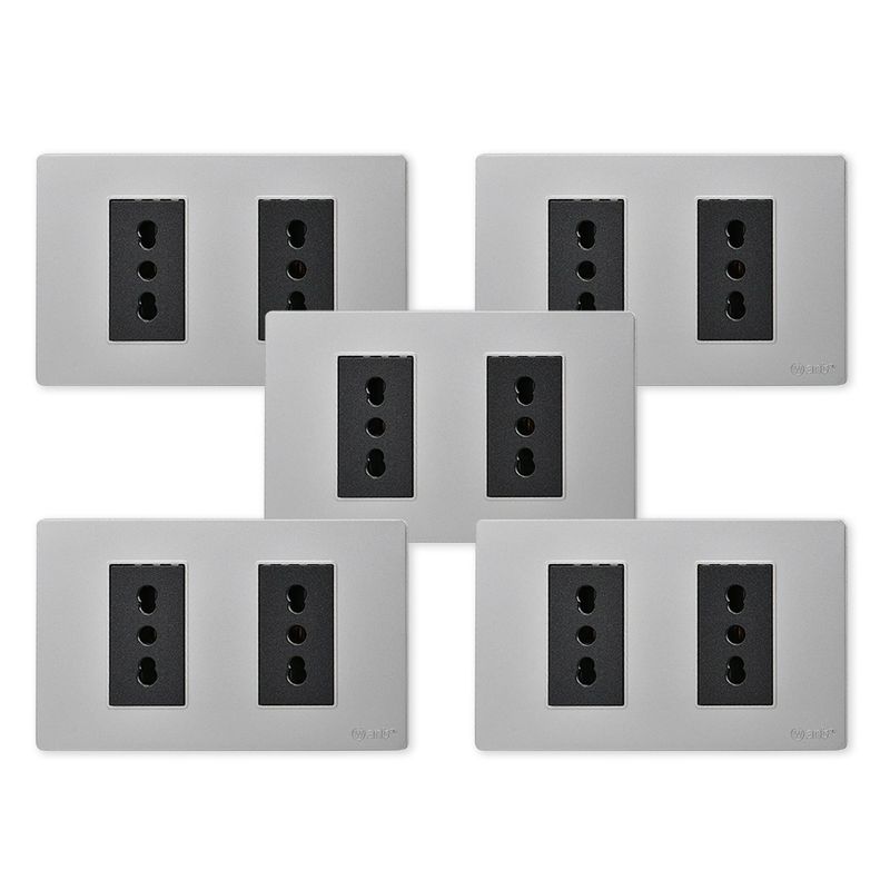 WANT - Pack 5 Tomacorriente Doble Metálico 16A - Gris Negro