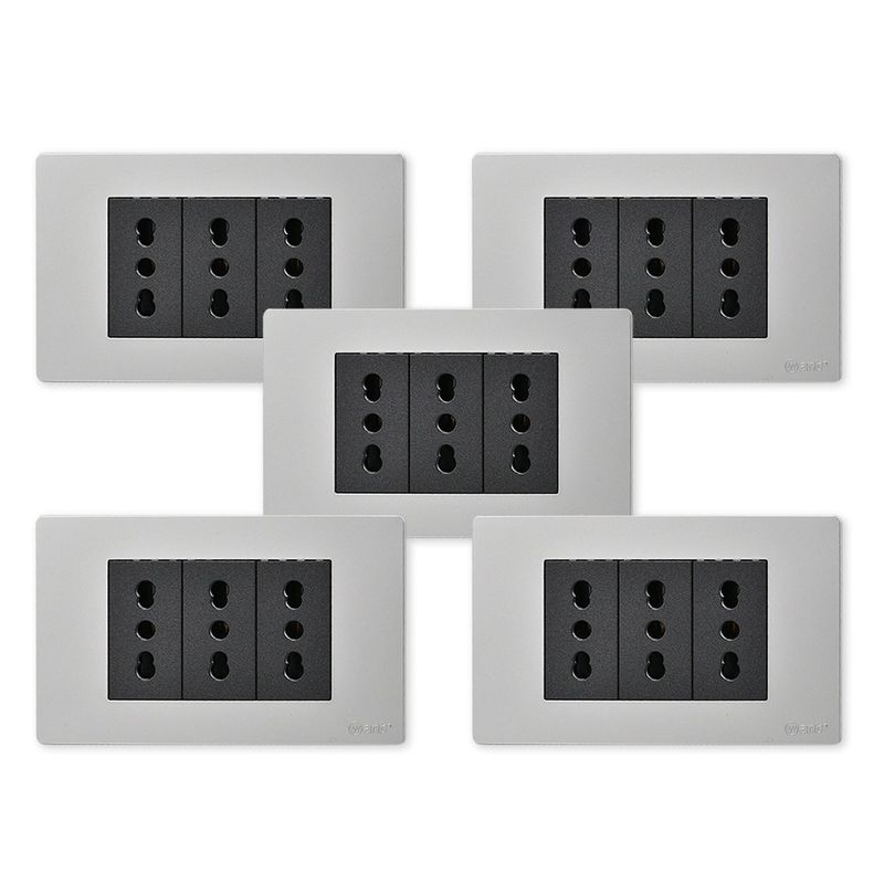 WANT - Pack 5 Tomacorriente Triple Metálico 16A - Gris Negro