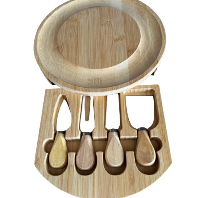 SOMOS DECO - Tabla de bambú redonda con set de cuchillos