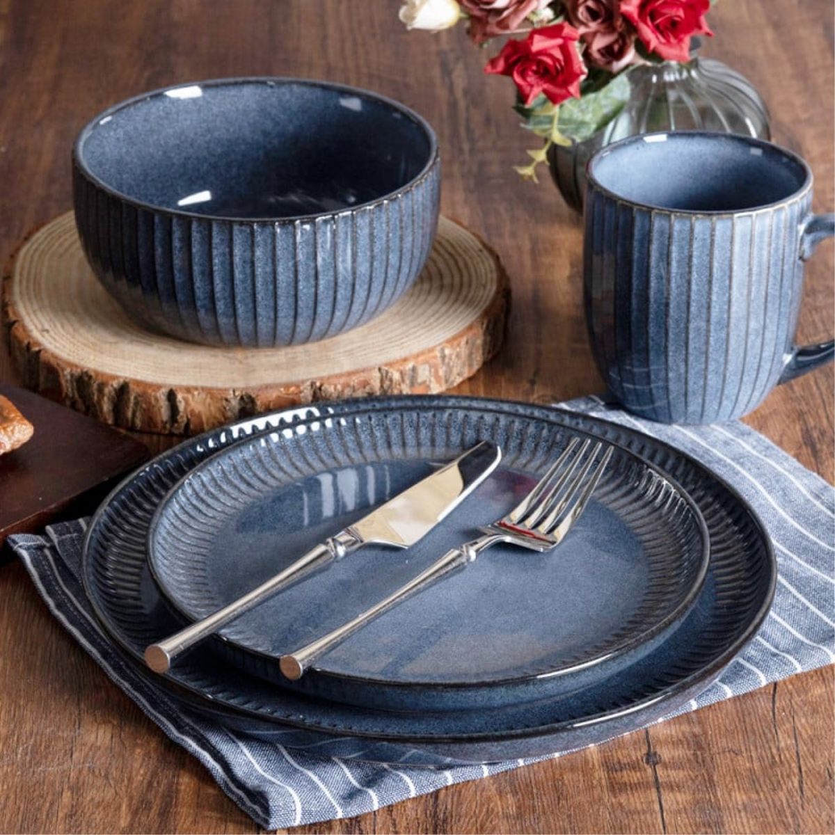 LUGANO - Set Vajilla 24pzs Bali Dive Cerámica Azul Lugano