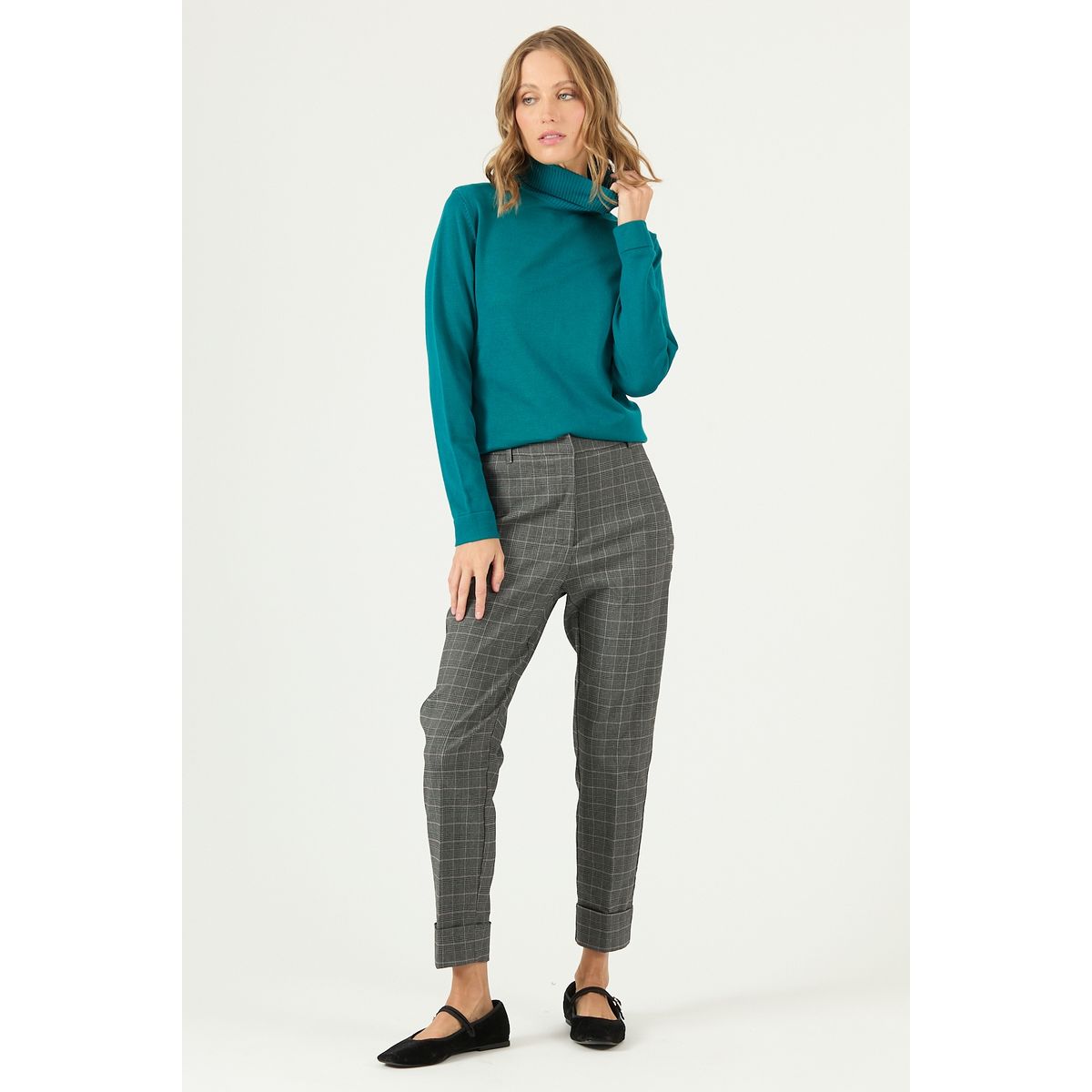 PRIVILEGE - Pantalon straight gris cuadros 2129