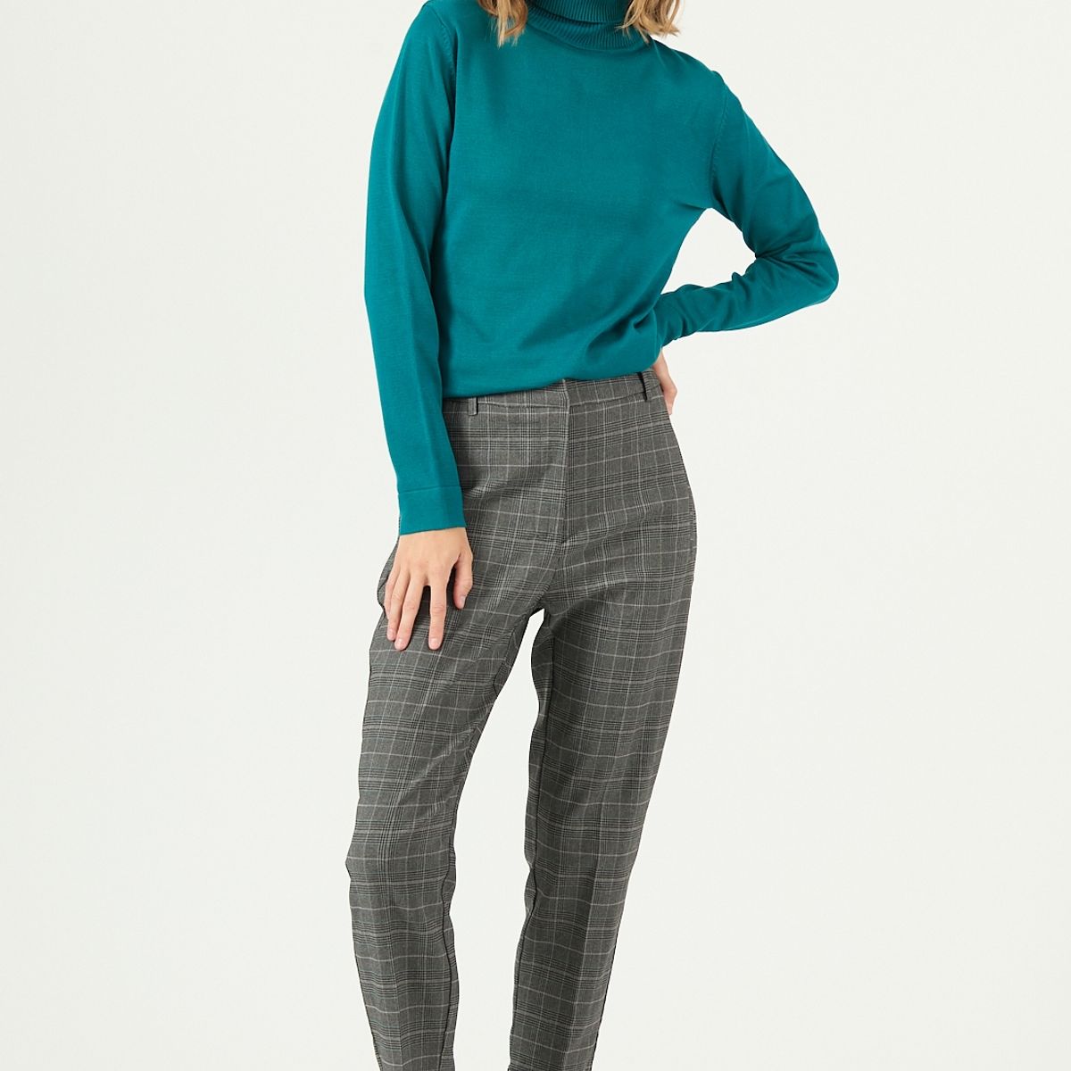 PRIVILEGE - Pantalon straight gris cuadros 2129