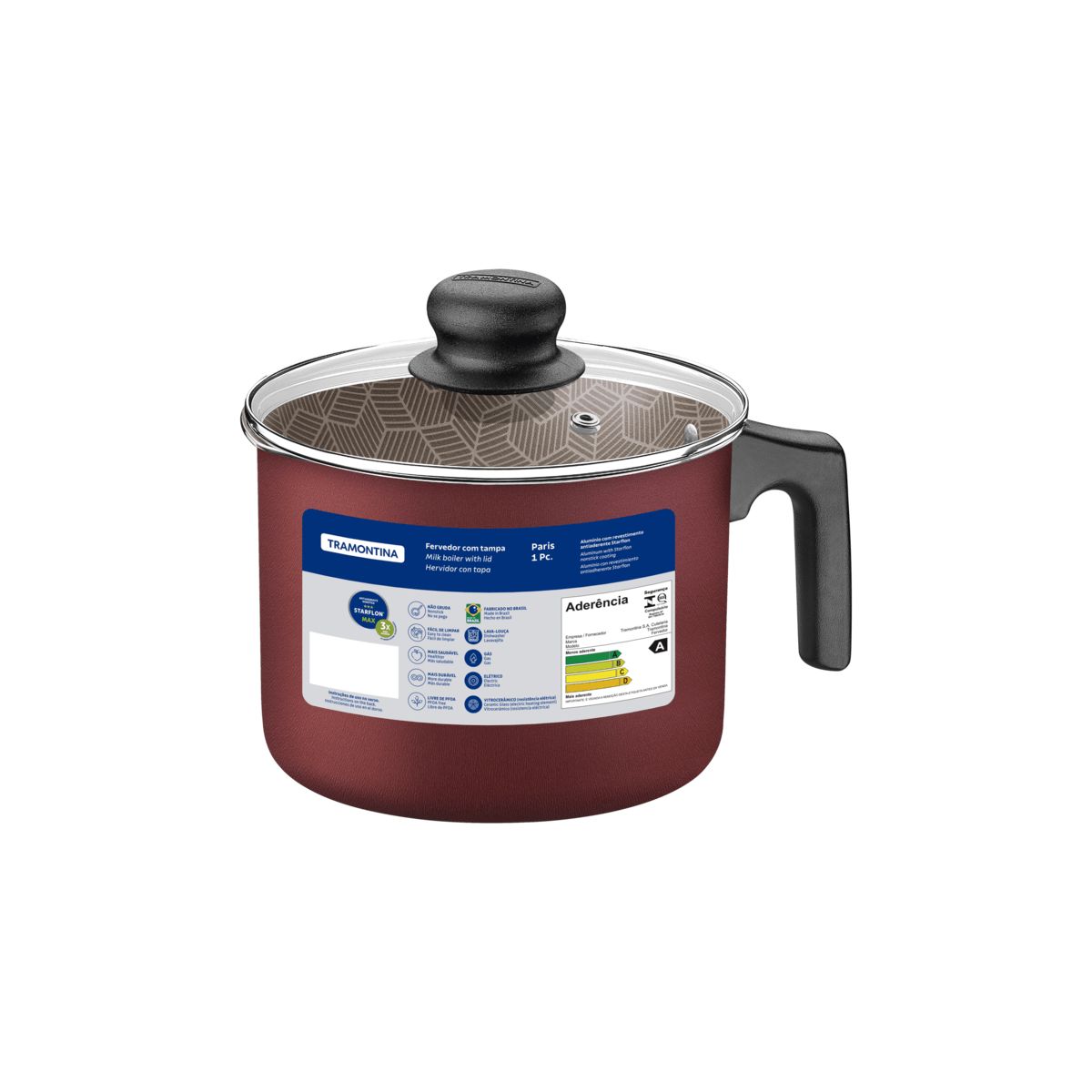 TRAMONTINA - Hervidor Tramontina Paris en Aluminio con Revestimiento Interno y Externo Antiadherente Starflon Max Rojo con Tapa de Vidrio 16 cm 2,7 L