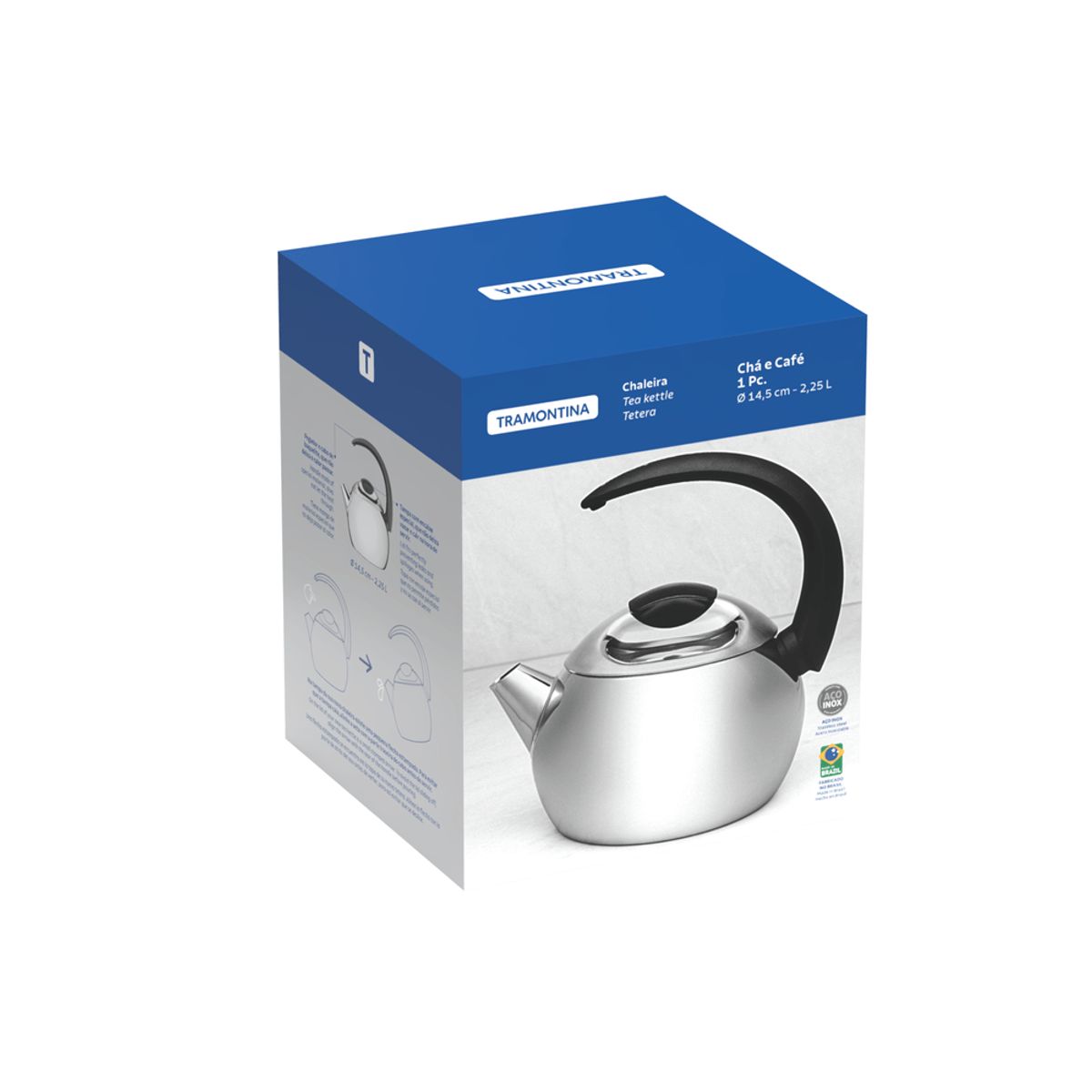 TRAMONTINA - Tetera de acero inoxidable con mango negro 14,5 cm y 2,25 l Tramontina