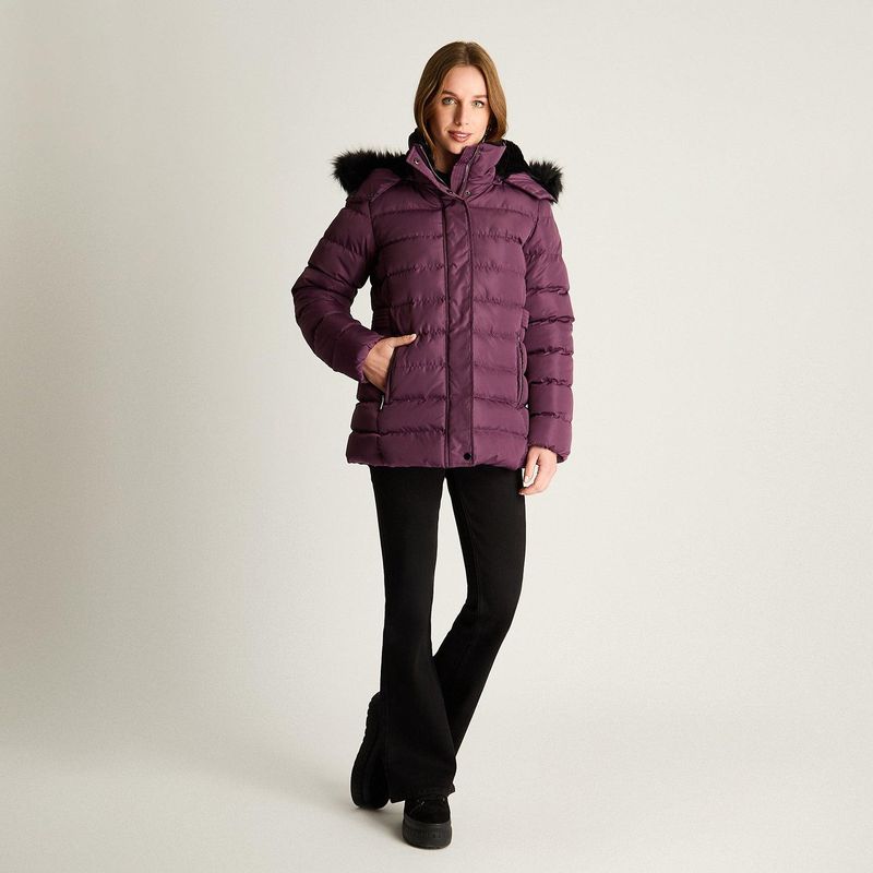CURVI - Parka Con Gorro Y Aplicaciones En Cintura Morado