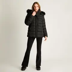 CURVI - Parka Con Gorro Y Aplicaciones En Cintura Negro