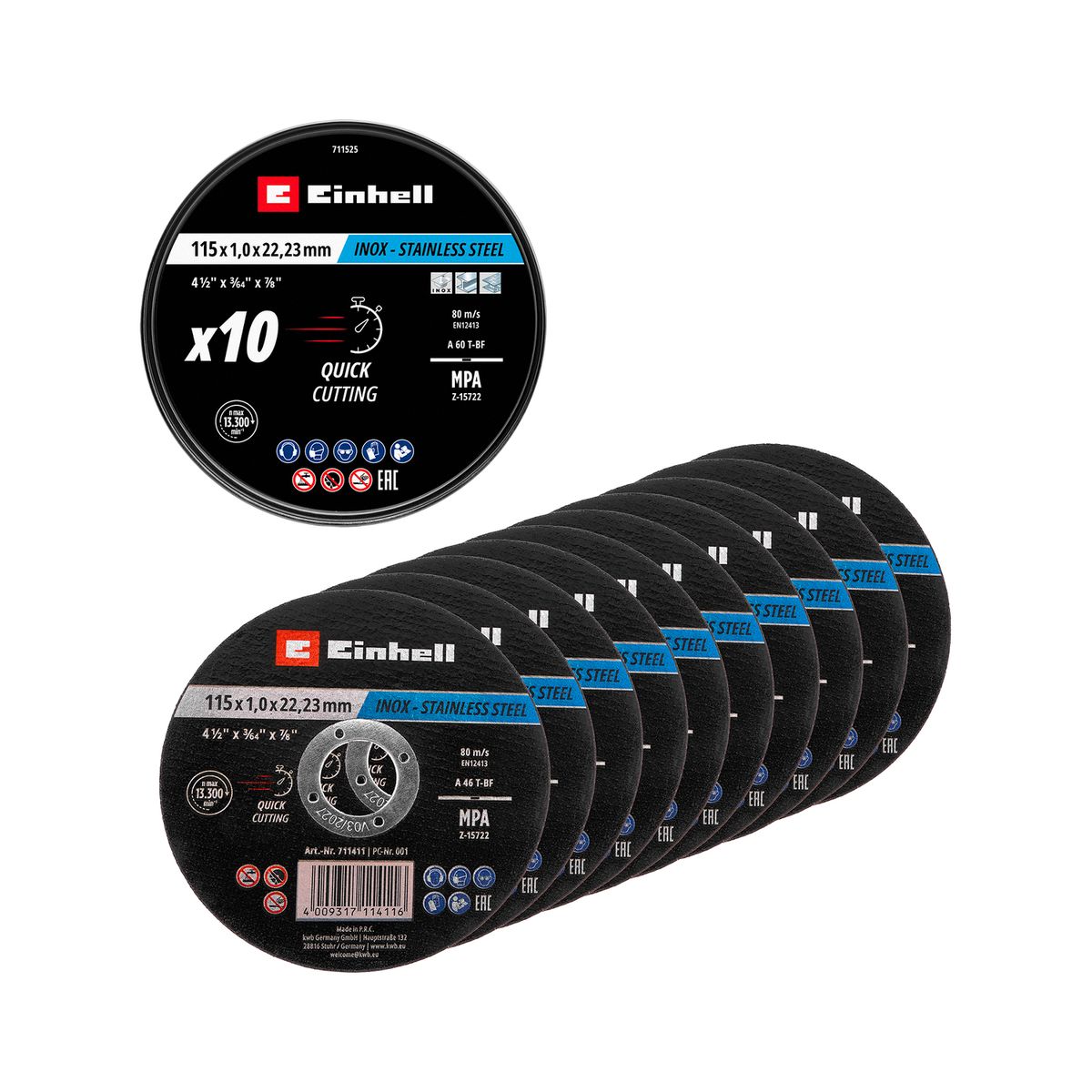 EINHELL - Set 10 Discos Corte Metal Inox 115X1MM Einhell 49711525