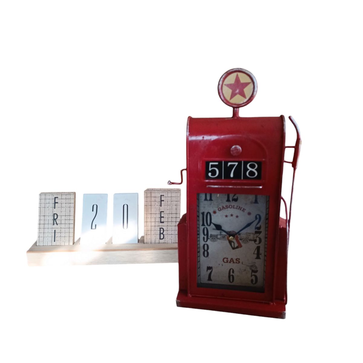 GENERICO - RELOJ VINTAGE SOBRE MESA GASOLINERA RETRO ROJA