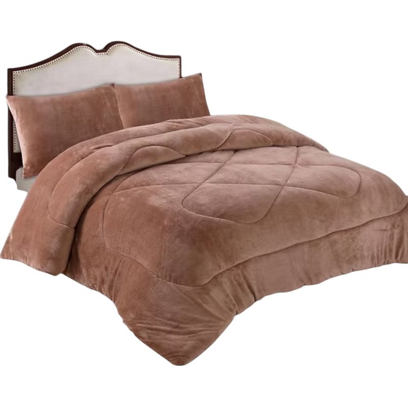 GENERICO - Plumon Plush Liso Con Chiporro 1.5 Plazas + 1 Funda Almohada Cafe