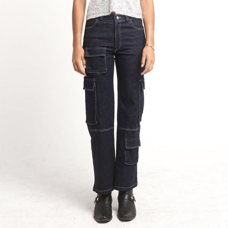 ME QUIERE MUCHO POQUITO NADA - Pantalón Cargo Jeans Azul Tiro Alto con Bolsillos - Qatar - MQM