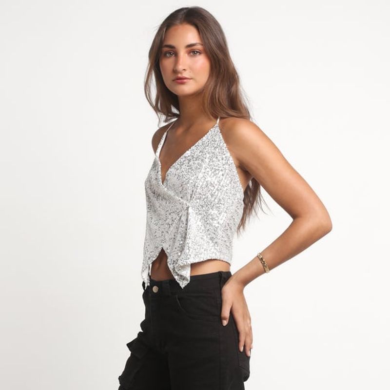 ME QUIERE MUCHO POQUITO NADA - Crop Top Blanco Lentejuelas Cruzado - Coni - MQM