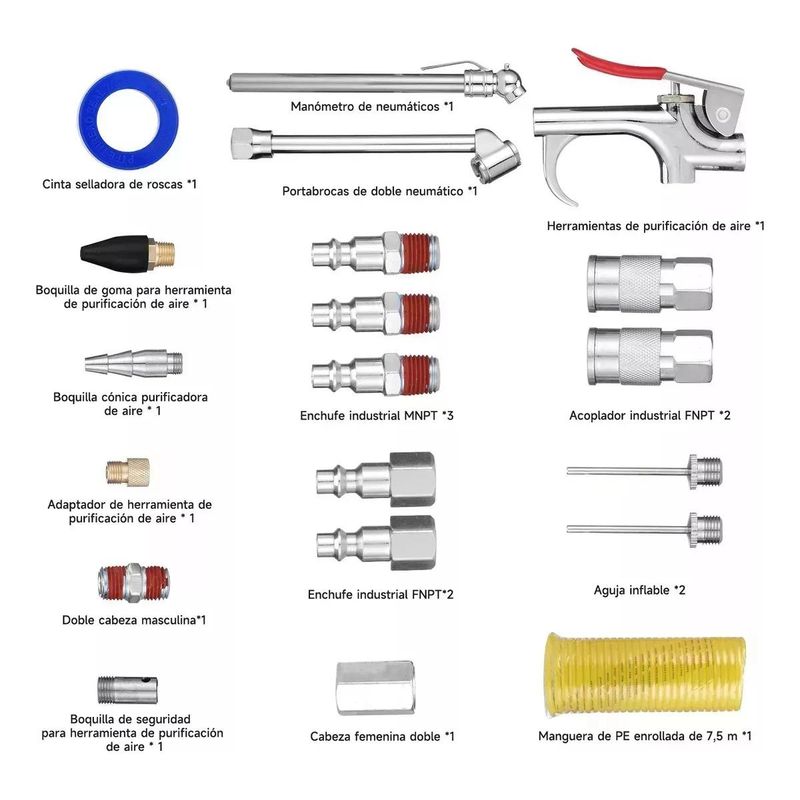 GENERICO - Kit Completo de Accesorios para Compresor de Aire 20 Piezas