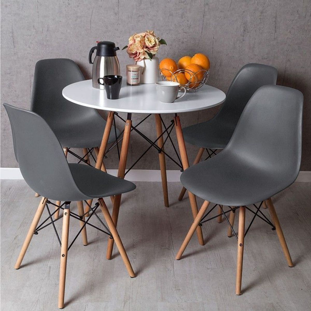ANYHOGAR - Juego Comedor 4 Sillas + Mesa Redonda 80cm Gris