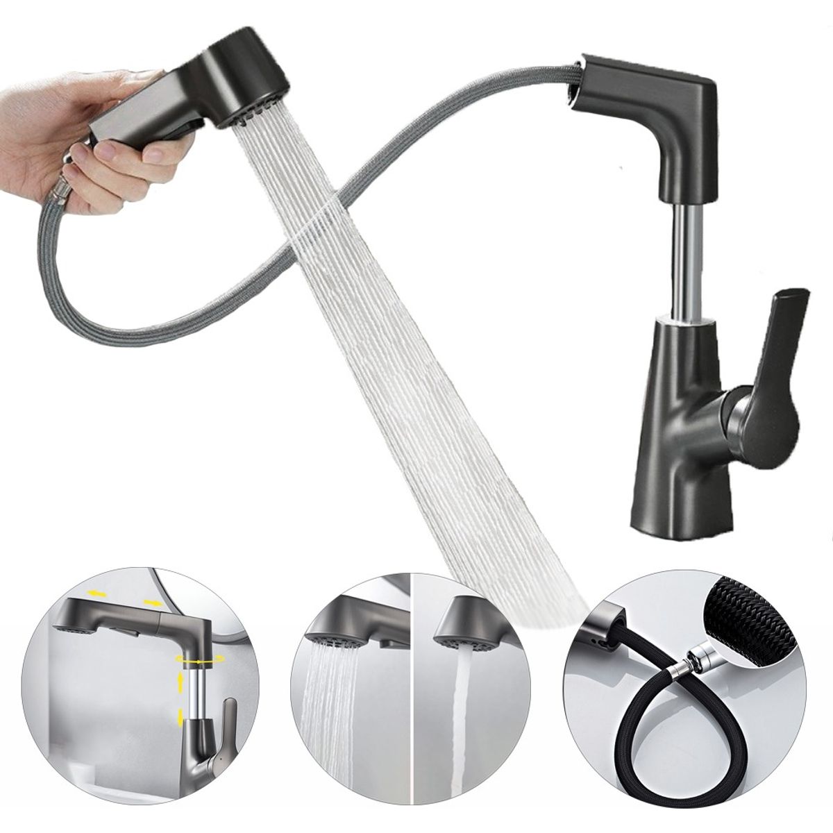 EVERSO - Grifo de fregadero de baño con spray extraíble de una sola barra