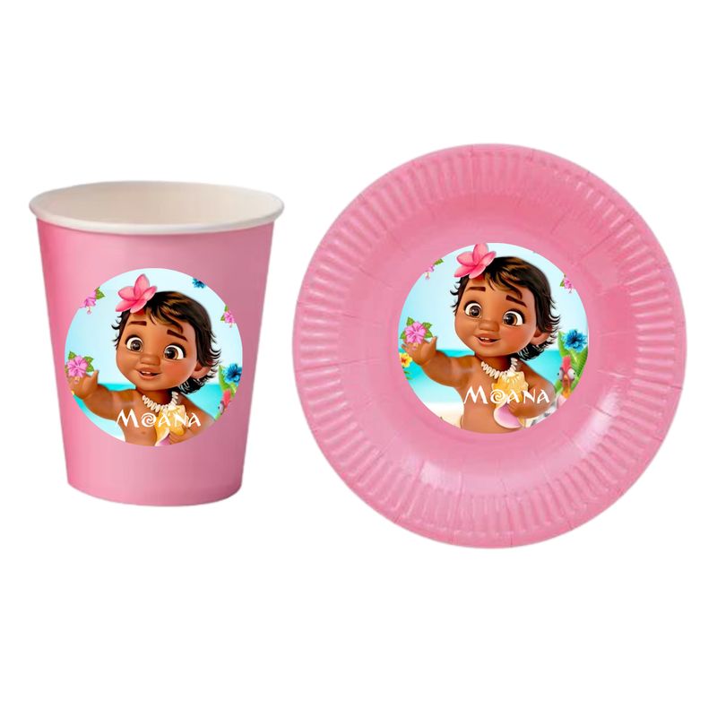 GEN - Pack 12 Platos + 12 Vasos Moana bebé rosa Cumpleaños cotillón