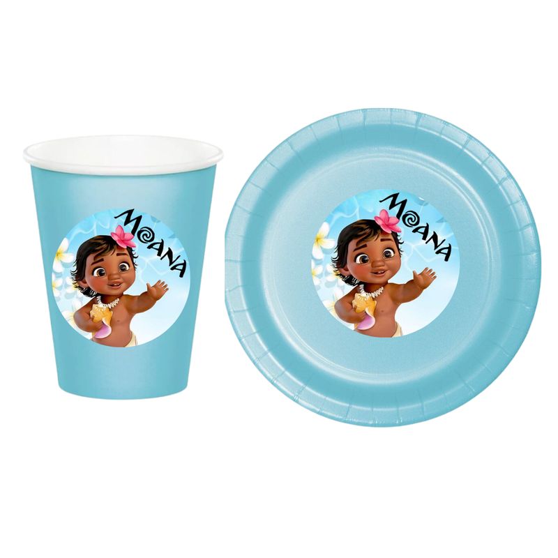 GEN - Pack 12 Platos + 12 Vasos Moana bebé celeste Cumpleaños cotillón