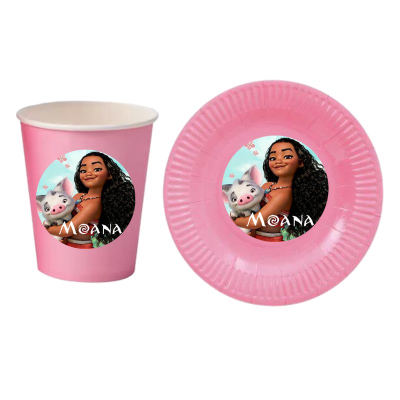 GENERAC - Pack 12 Platos + 12 Vasos Moana rosa Cumpleaños cotillón