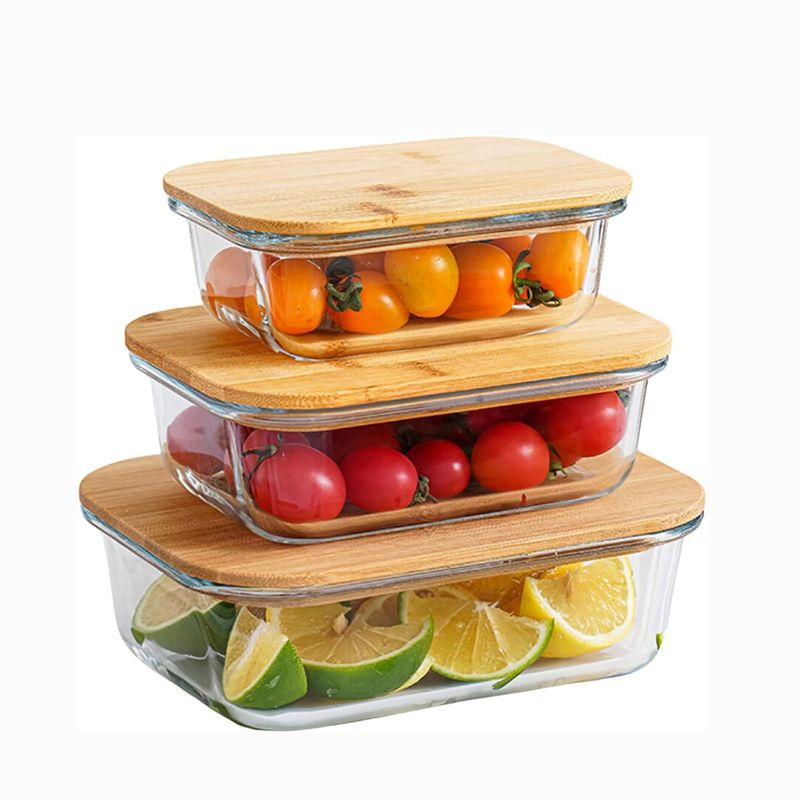 GENERICO - Recipientes De Vidrio Para Alimentos Con Tapas De Bambú 3pcs