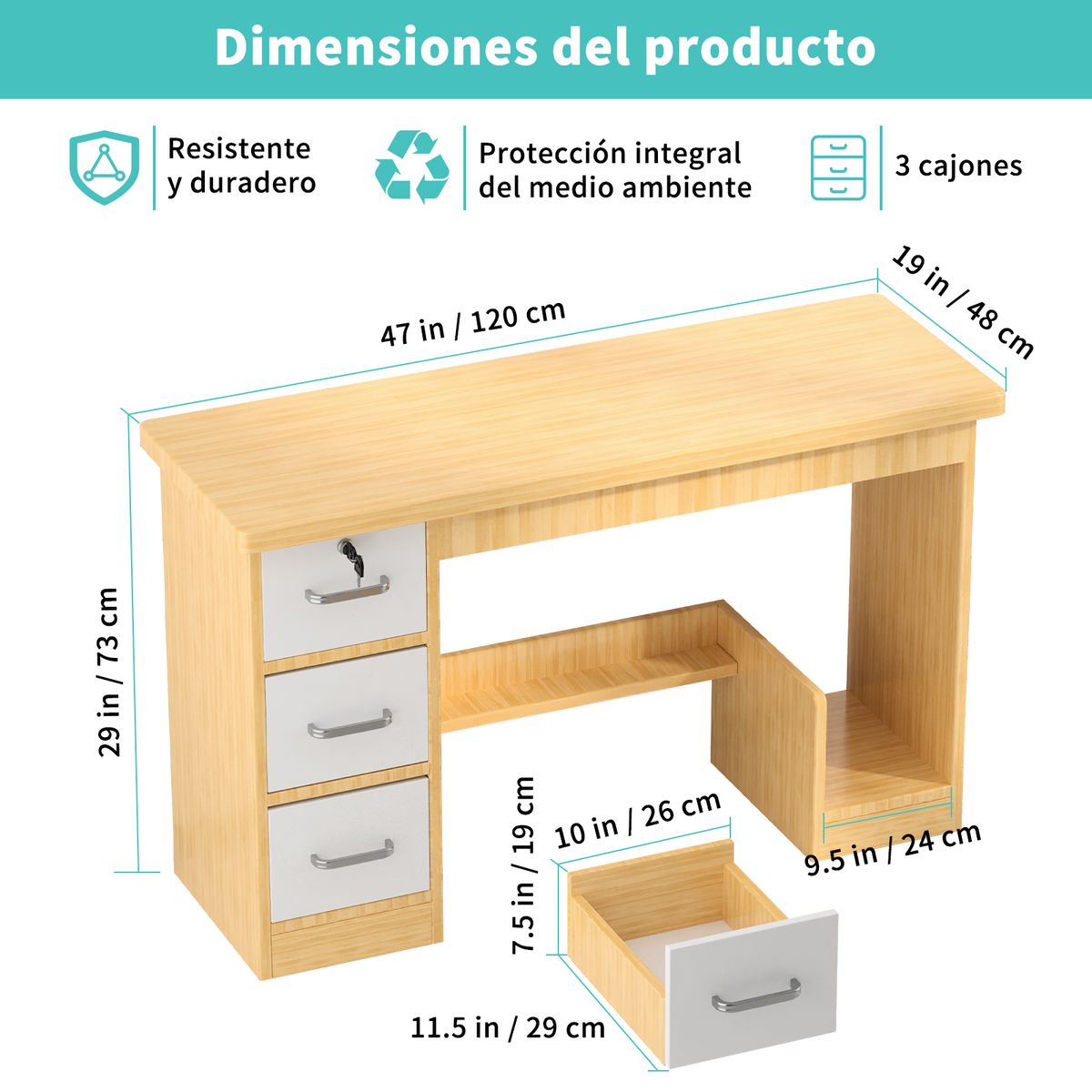 AIZO - Escritorio Moderno Adecuado Con Cajoneras  Estanteria Pequeños 120 x 48 x 73cm  Cajón Gabinete Oficina