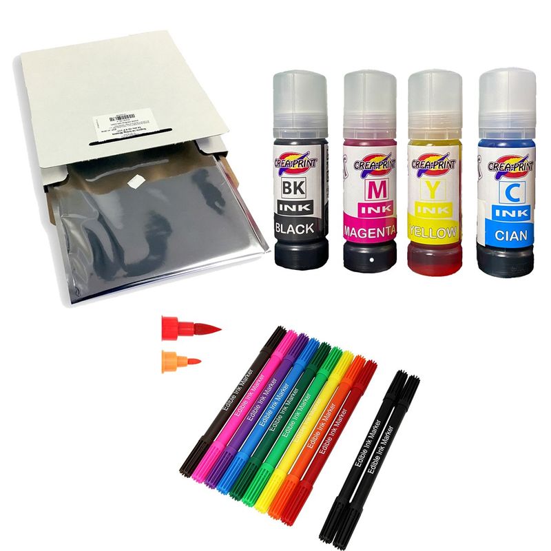 CREA PRINT - Papel De Azucar 25 Laminas + Pack De Tinta + 10 Marcadores