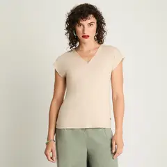 CURVI - Polera Manga Corta Escote V Con Lurex Beige