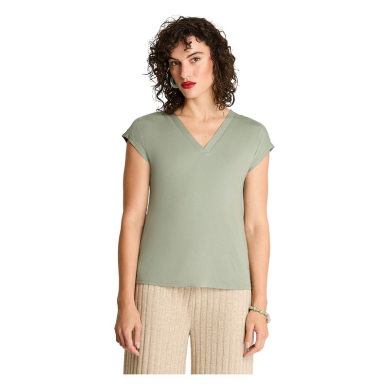 CURVI - Polera Manga Corta Escote V Con Lurex Verde
