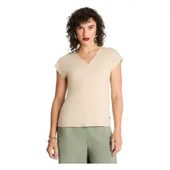 CURVI - Polera Manga Corta Escote V Con Lurex Beige