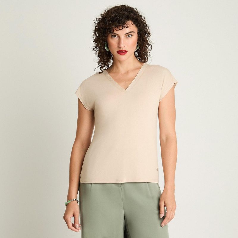 CURVI - Polera Manga Corta Escote V Con Lurex Beige