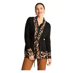 CURVI - Tapado Jacquard Manga Larga Lazo Ecocuero Negro