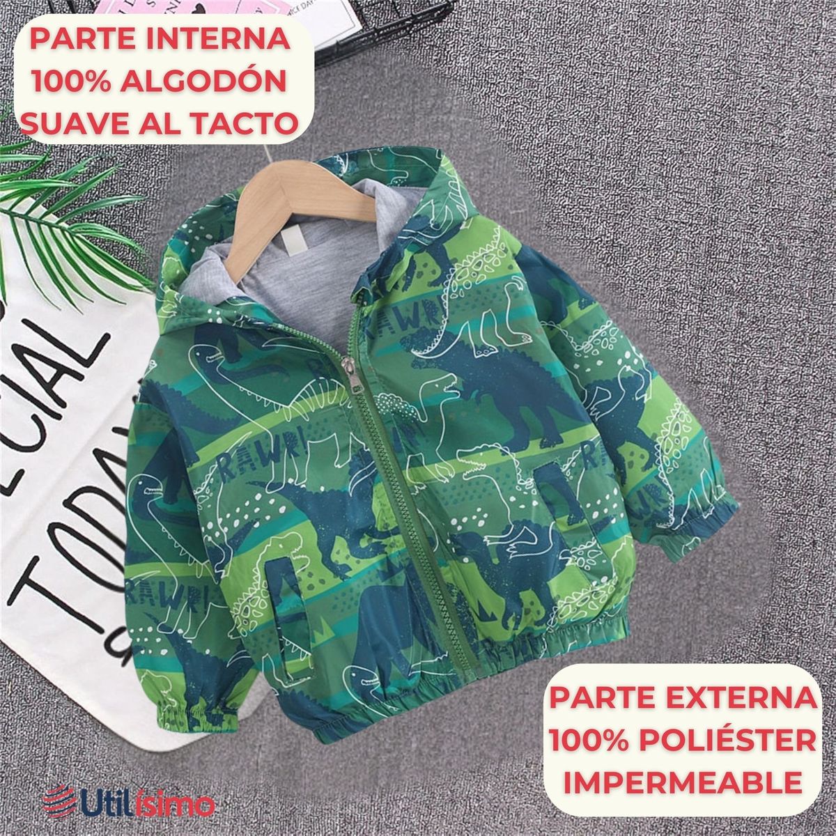JUMP KIDS - Cortaviento Impermeable Chaqueta Estampado Niño Bebé Light Green Dino