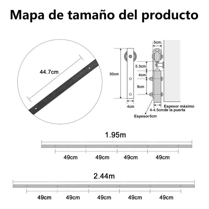 GENERICO - Kit de Corredera para Puertas Dobles de Acero 2.5 m